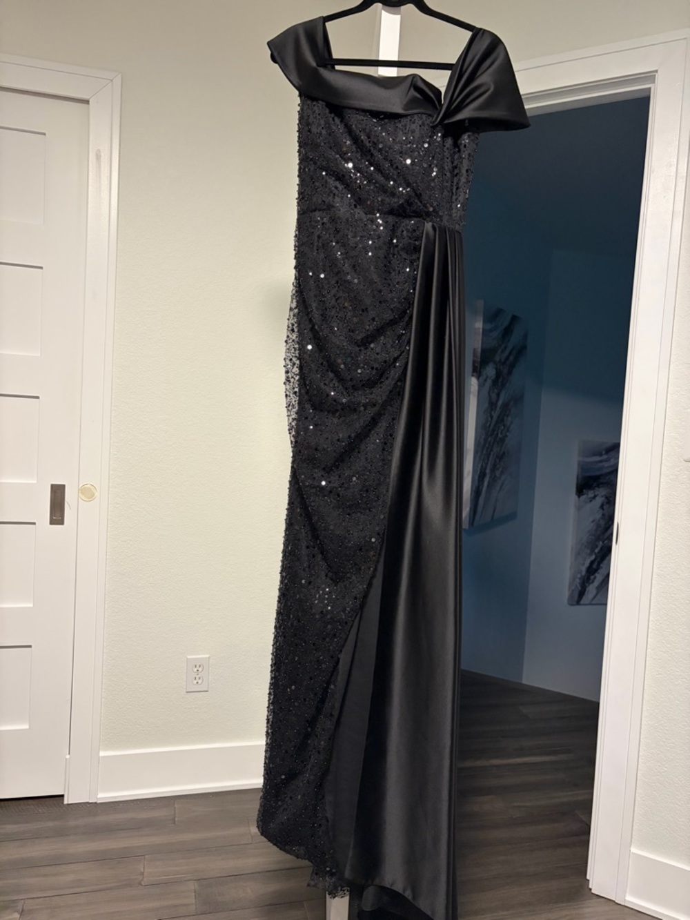 Black Sequin One-Shoulder Evening Gown